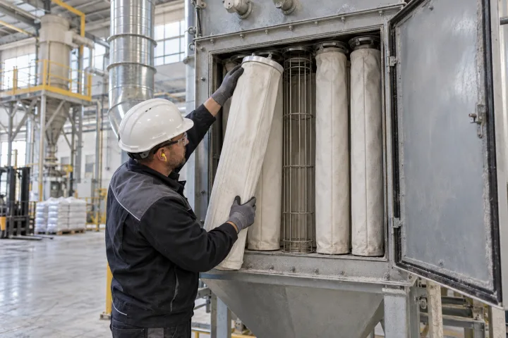 Technik při výměně filtračního vaku v průmyslovém odprašovacím zařízení
